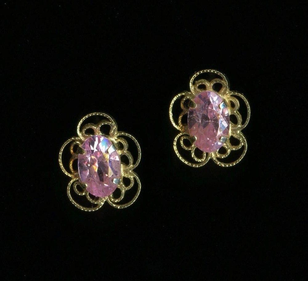 10K Solid Yellow Gold 6mm Oval Pink Crystal CZ Solitaire Flower Earrings -KU