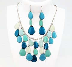 DESIGNER INSPIRED 17 in BLUE MULTI PEAR DROP DANGLE ENAMEL SILVER JEWELRY SET