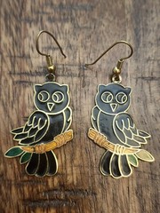 Owl Earrings Cloisonne Black Multi Color Dangling Drop