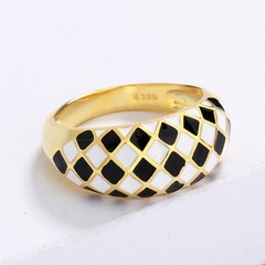 Black White Checkerboard Enamel Ring, Trendy Geometric Band, for Daily Party