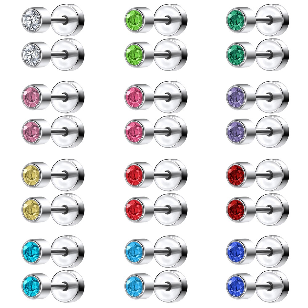 12Pairs/lot 20g Stainless Steel Stud Earring CZ Cartilage Helix Piercing Jewelry