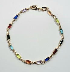 18k Gold Filled Thin Rectangle Bracelet Dark Multi Color Stones 7.5 inch Long