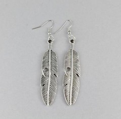 Silver feather earrings dangle metal feather textured 3.25″ long