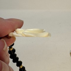 Vintage 60s Black Bicone Bead Necklace Ivory White Carved Resin Rose Pendant Set