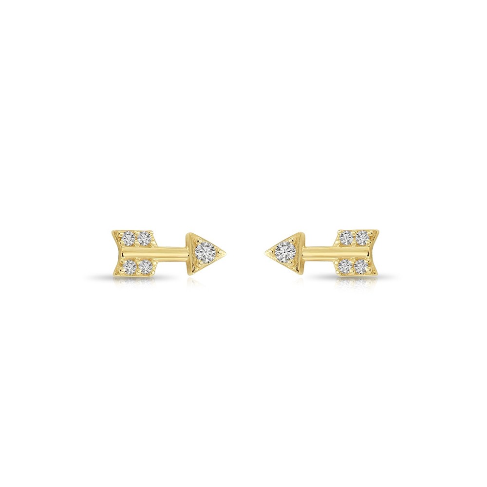 14K Real Solid Yellow Gold Dainty Mini Arrow CZ Sleeper Stud Earrings Screw-back
