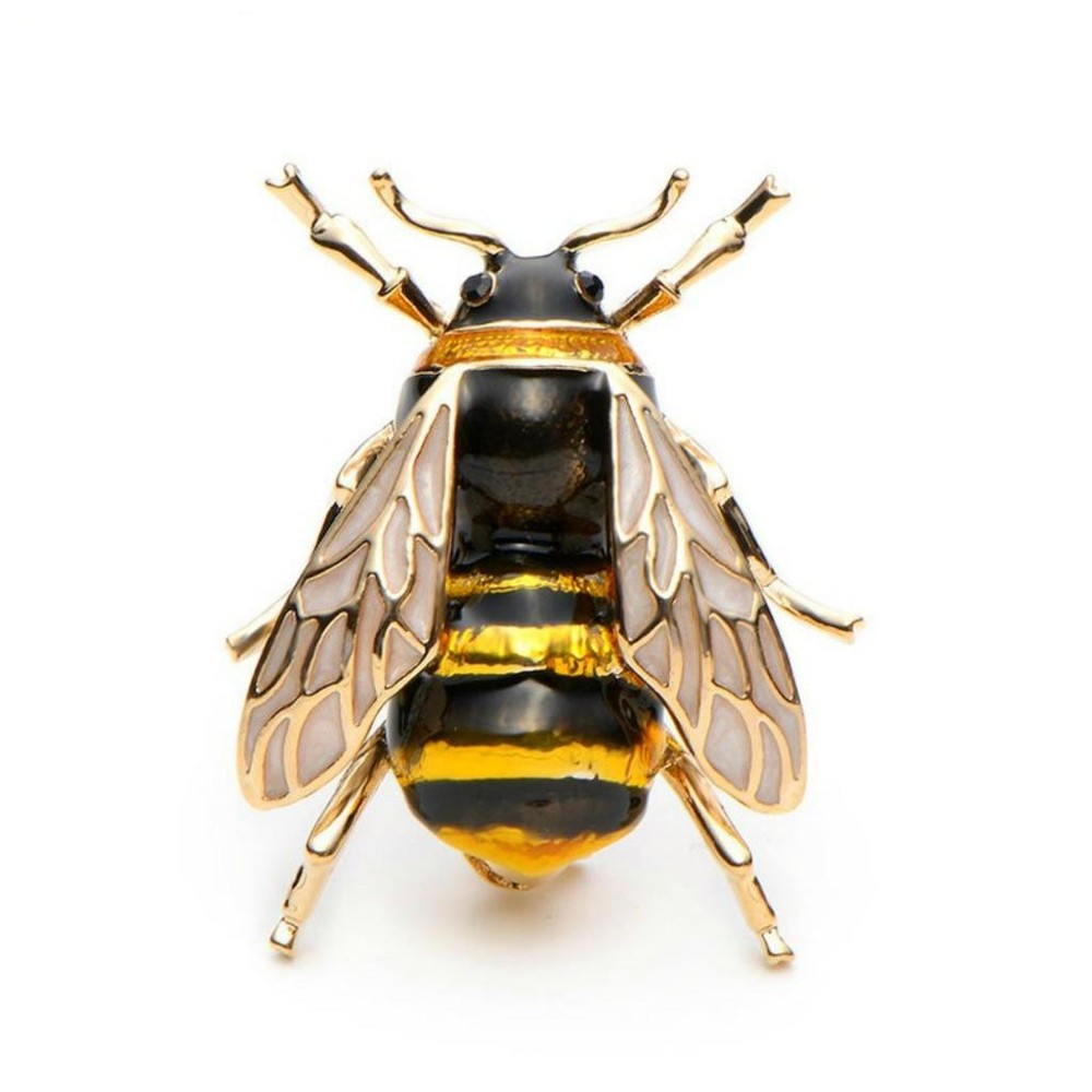 CUTE HONEY BEE PIN 1.3″ Gold Black Yellow Enamel Flying Insect Brooch Rhinestone