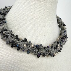 Wire Wrapped Pearl Beaded Statement Necklace Black Silver Toned Artsy Bold