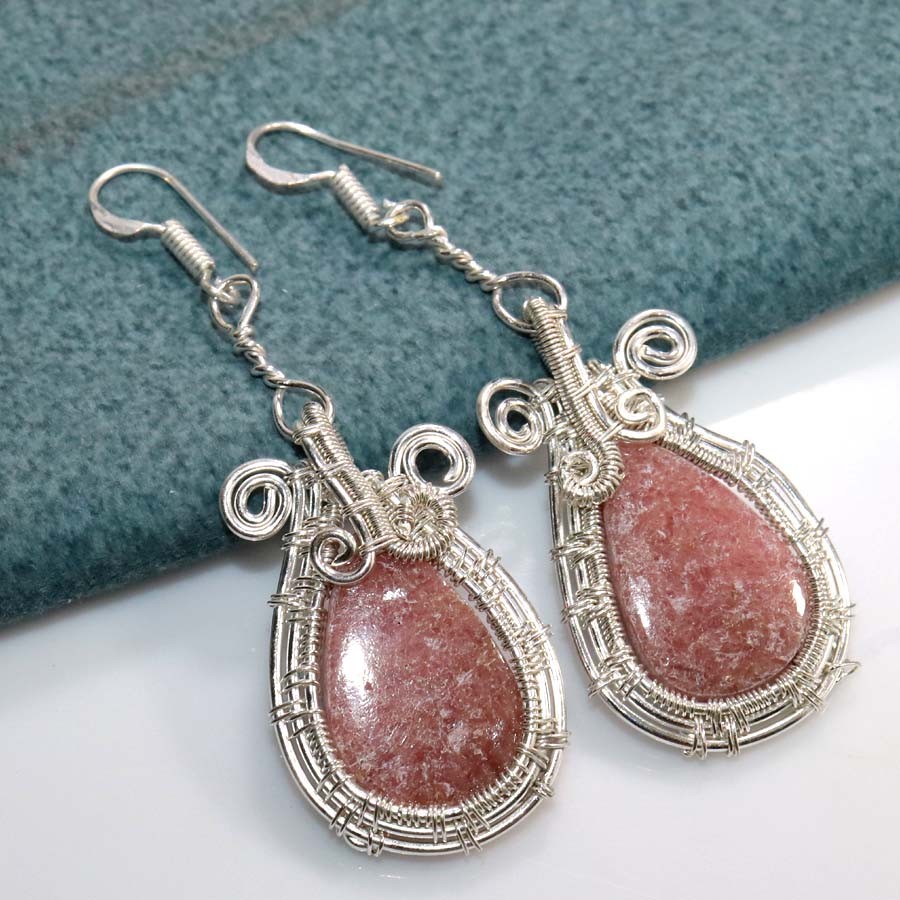 Wire-Wrapped Pink Thulite Earrings 2.8″ Seasonal Jewelry Most Beautiful MJ
