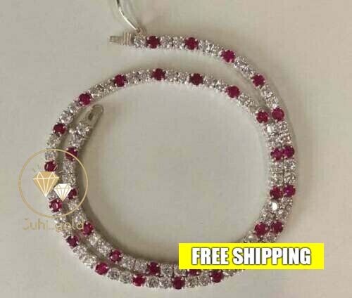 Deli1cate 14K White Gold Plated 12.0CT Round Simulated Ruby Tennis Necklace 16”