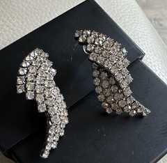 Silver Tone Clear Crystal Rhinestone Wing Ear Climber Stud Earrings, vintage