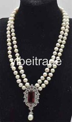 2rows freshwater pearl white near round 8-9mm necklace red zircon 19-20 inch