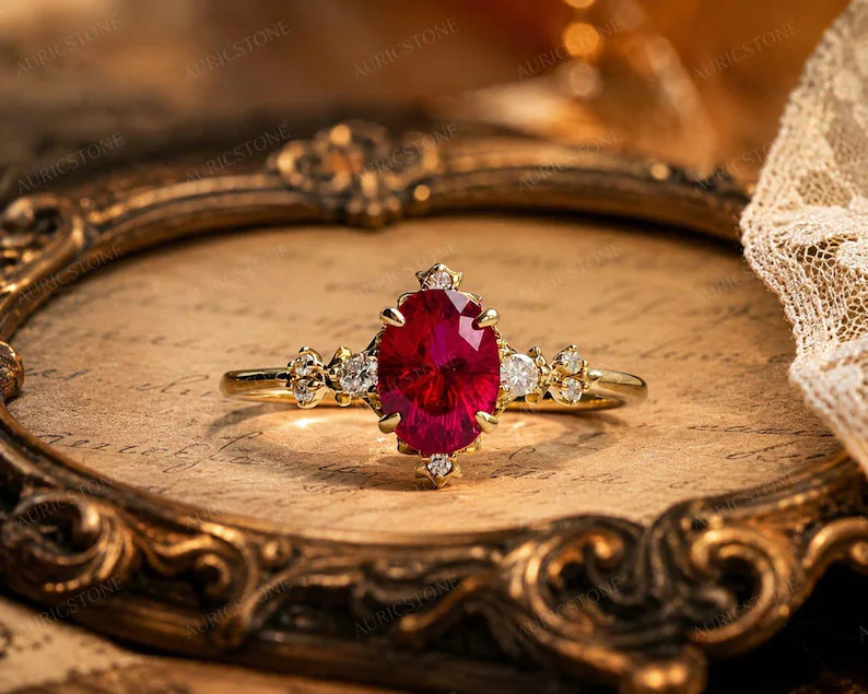 Lab Created Red Ruby Ring, Base Metal: Brass Finish: Gold Plated