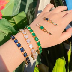 New Rectangle Shape Ocean Blue Topaz Gems Charm Women Bracelets Yellow Gold