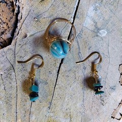 Blue & Black Round Stone Ring & Chip Bead Dangle Drop Hook Earrings for Lobe