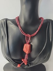 Vintage Red Beaded Tassel Necklace Multi Strand Seed Bead Statement Boho Style