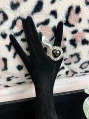 Gold Tone Statement Cocktail Ring Black Heart Stone Crystal Rhinestone Halo