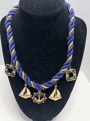Nautical Navy & Gold Rope Collar Necklace w/ Sailboat & Anchor