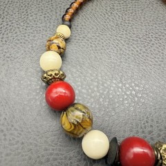 NY Necklace Beaded Statement Chunky Red Gold Cream Brown Floral Beads 16 Inch
