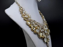 bling Runway Amber & Clear Rhinestone LEAF Gold Tone Bib 17″ Statement Necklace