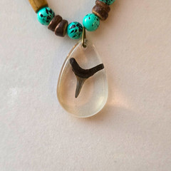 Handmade Resin Shark Tooth Pendant Beaded Necklace, Turquoise Brown Wood Beads