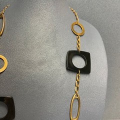 Long Geometric Necklace 35 In Gold Chain Black Acrylic Circle Square Shapes Glam