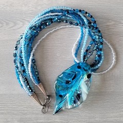 Murano Italian Glass Large Pendant Bead Necklace 925 Clasp Blues * BEAUTIFUL *