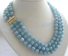 3 Rows Natural Blue Aquamarine Round Gemstone Beads Necklace 18-20” 6/8/10/12mm