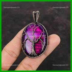 Oval Pink Fire Labradorite Gemstone Copper Tree Of Life And Wire Wrapped Pendant