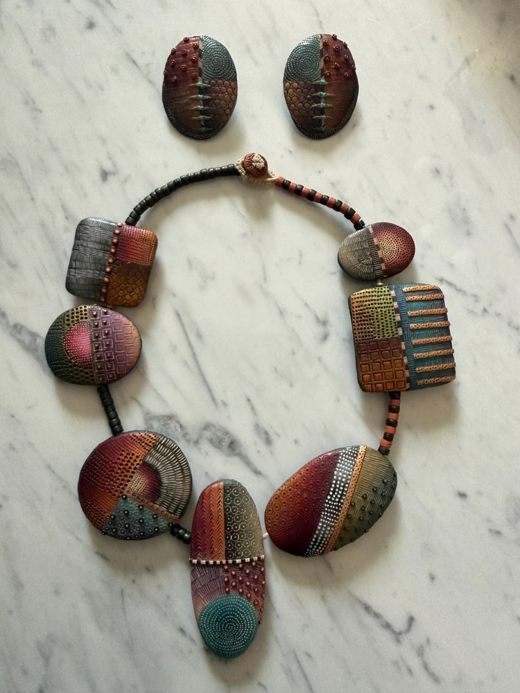 Kathleen Dustin Signed Polymer Silk Road Clay Statement Necklace & Earrings Set
