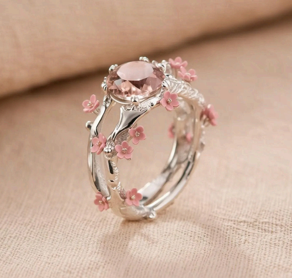Silver Cherry Blossom Ring Stainless Steel Pink Zirconia Flower Statement Band