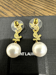 YVES SAINT LAURENT YSL Stud LOGO Drop Crystal & Pearl EARRINGS Gold