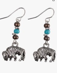Earrings – Buffalo, Pewter, Two Sided, 1.5 Inches Long, Accent Beads