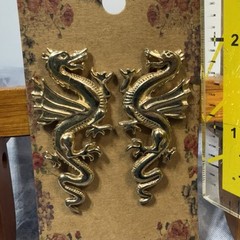 Flying Dragon Post Earrings For Pierced Ears, Goldtone 2” Unique Costume Jewelry