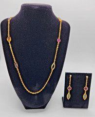 Modern Multi Color Glass Bezel Station Chain Necklace Matching Drop Earrings