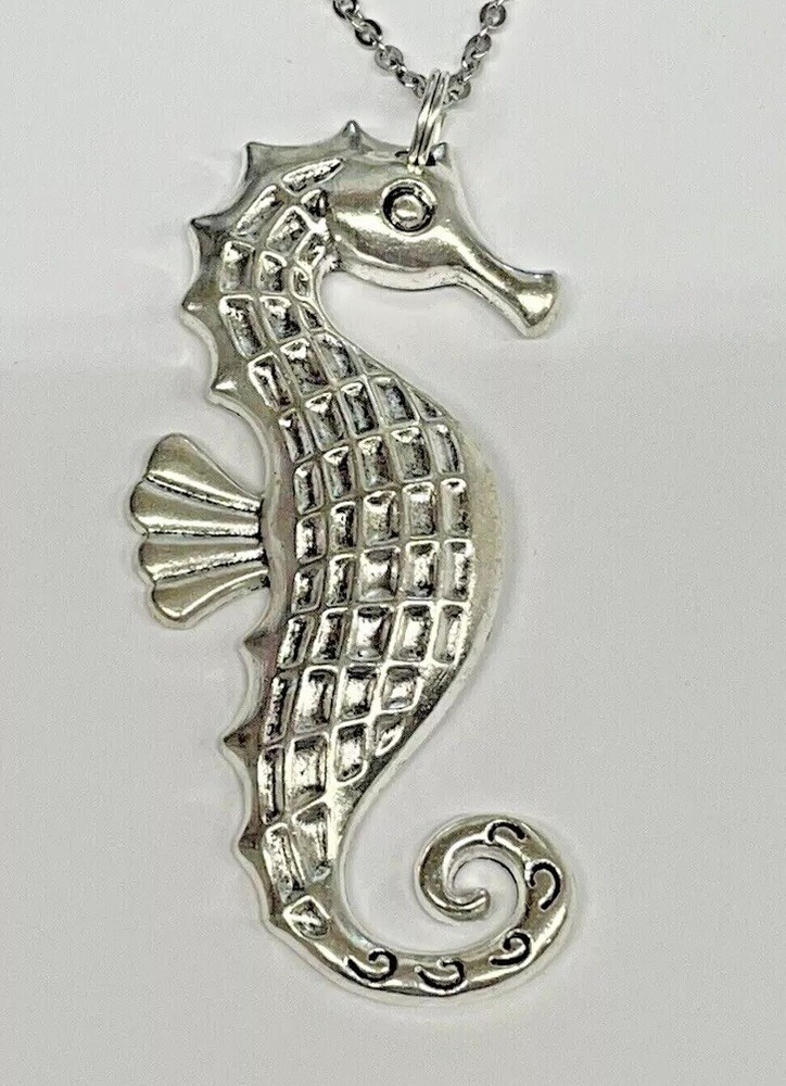 Sea Horse Silver Necklace 24″ Stainless Coastal Sea Life Jewelry NEW