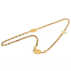 CHANEL CC Logos Vintage Matelasse Coin Chain Necklace 34″ Gold Tone Auth #8187