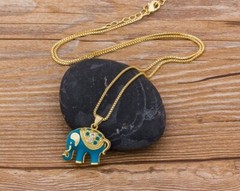 Fashion Jewelry Gold Cubic Zircon Blue Elephant Pendant Necklace 1-214