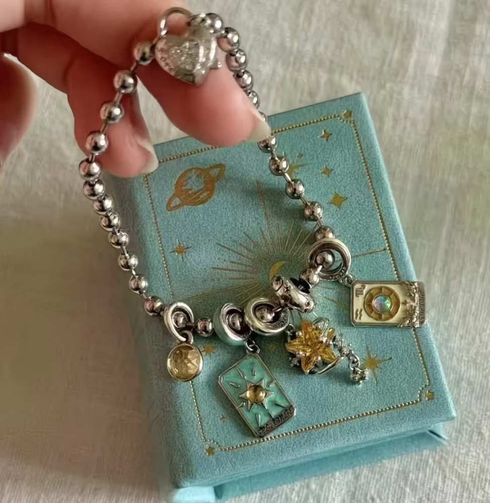 Tarot Card Celestial Charm Bracelet Silver Beaded Chain Sun Star Witchy