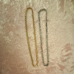 Lot of 2 Curb Link Chain Necklaces – Gold Tone & Silver Tone, Metal, No Stone