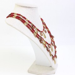 Robert Rose Three-Strand Red & Brown Beaded Gold-Tone Boho Necklace 16.5″