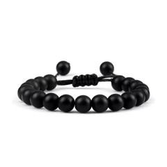 Black Matte Beaded Bracelet Adjustable Rope Chain Unisex Men Women Gif