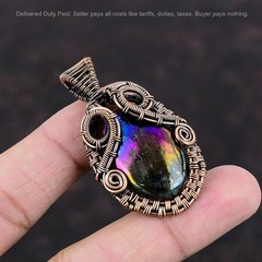 Oval Mystic Fire Labradorite Gemstone Copper Wire Wrapped Wife Artisan Pendant