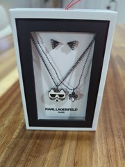 New in Box 3pc KARL LAGERFELD Logo Layered Pendant Necklace & Stud Earrings