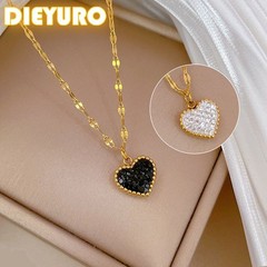 DIEYURO Black White Crystal Heart Reversible Necklace 316L Stainless Steel Gift
