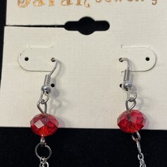 Ruby Red Disco Ball Shamballa Dangle Earrings Silver Tone 3.5 in Chain Drop