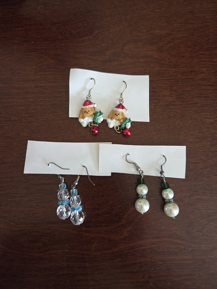 Christmas Earring Lot: Crystal Snowman Pearl Snowman Dog with Bone Bell Earrings