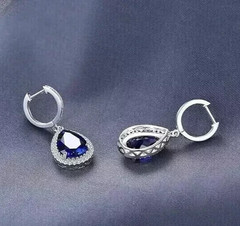 Clip On Drop Earrings Pear Cut Simulated Blue Sapphire In 14k White Gold Plated