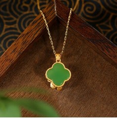 Jade Carved Flower Pendant Necklace Charm 18K Gold Plated Chain Dainty Gemstone