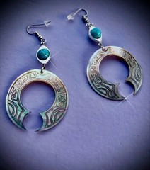 Silver Tone Turquoise Cabochon Dangle Drop Earrings Hook Closure Round Hoop