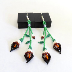 Huichol Beaded Dangle Earrings White Brown Calla Lilly Flower Handmade Mexico